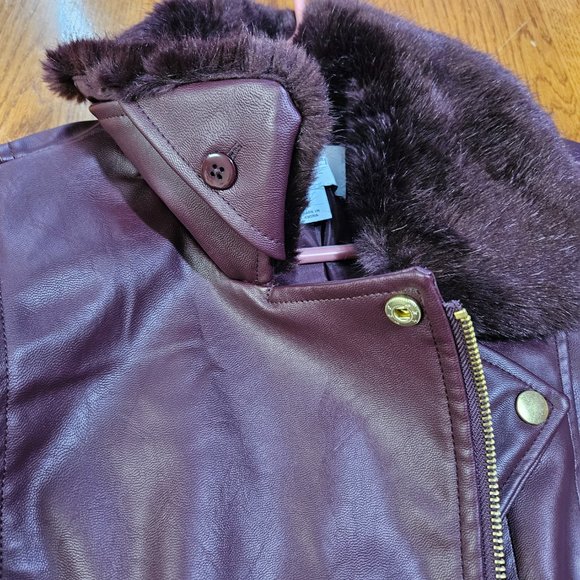 NEW Liz Claiborne Removable Faux Fur Collar Zip Coat size L Faux Leather Maroon - Picture 11 of 15